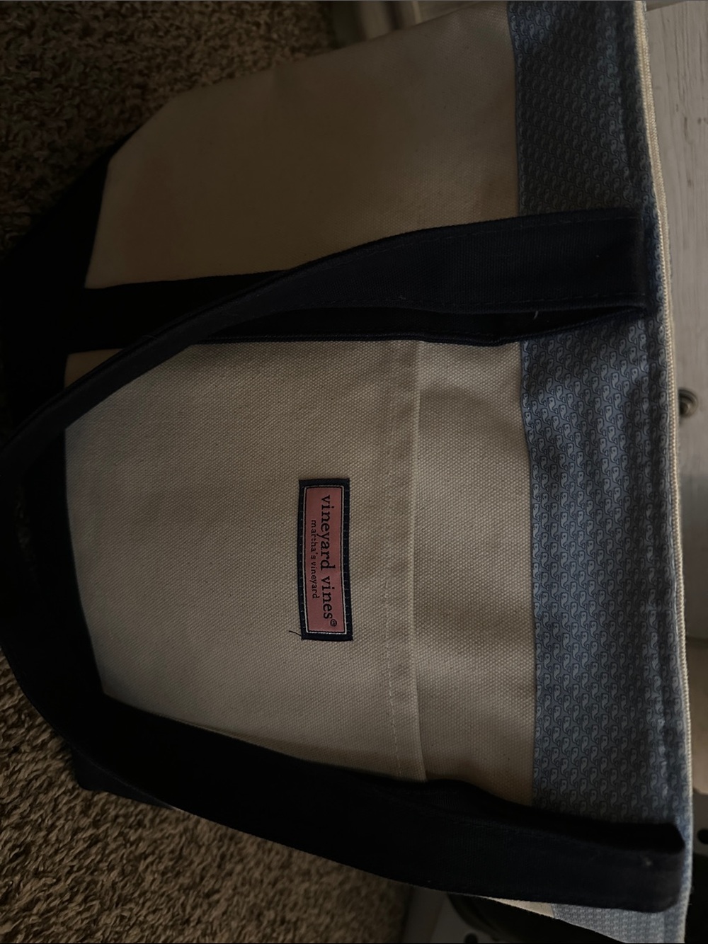 Vineyard Vines Beige Canvas Duffel with Navy Trim